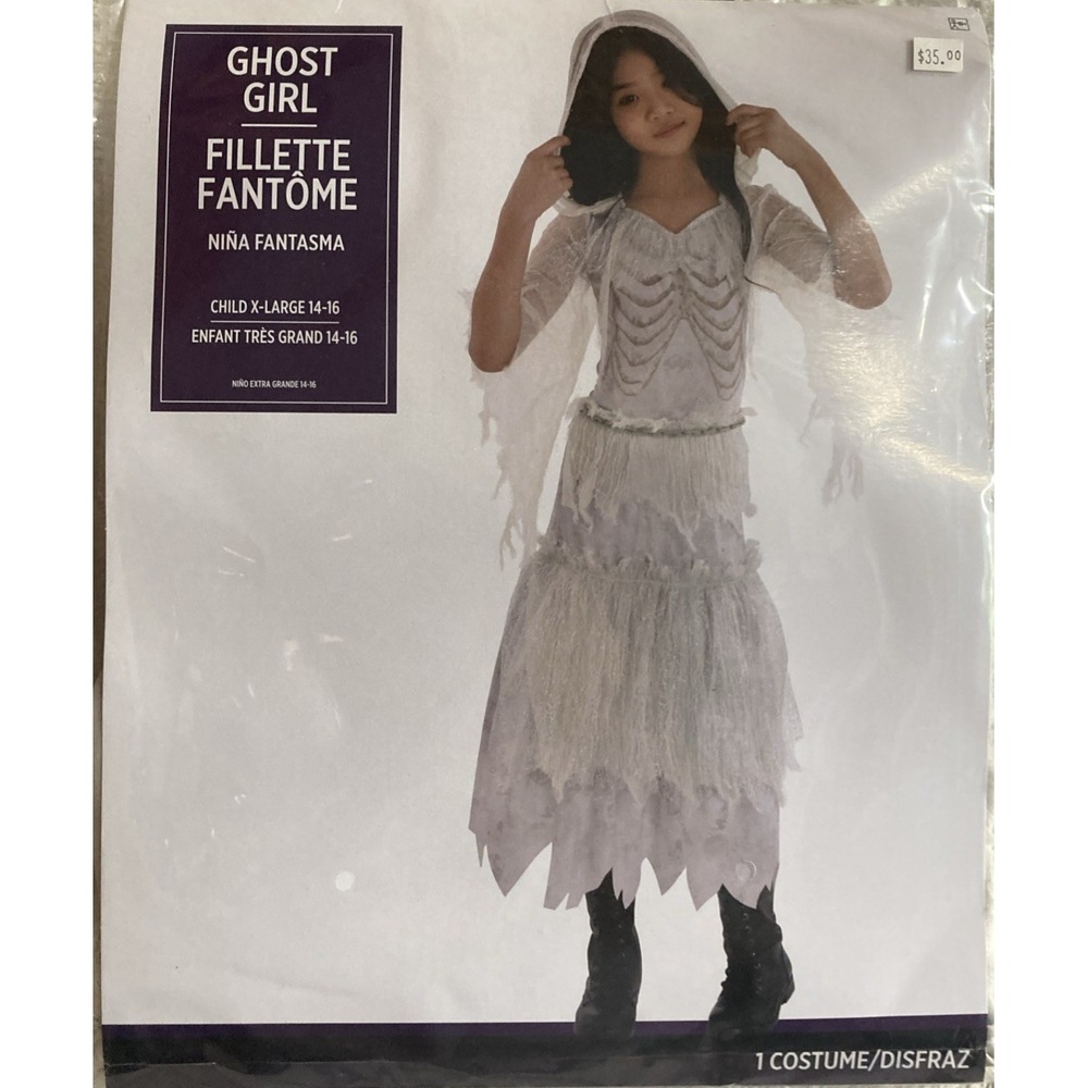 Ghost Girl Skeleton Halloween Costume Dress With Hood Size Child XL 14-16 New